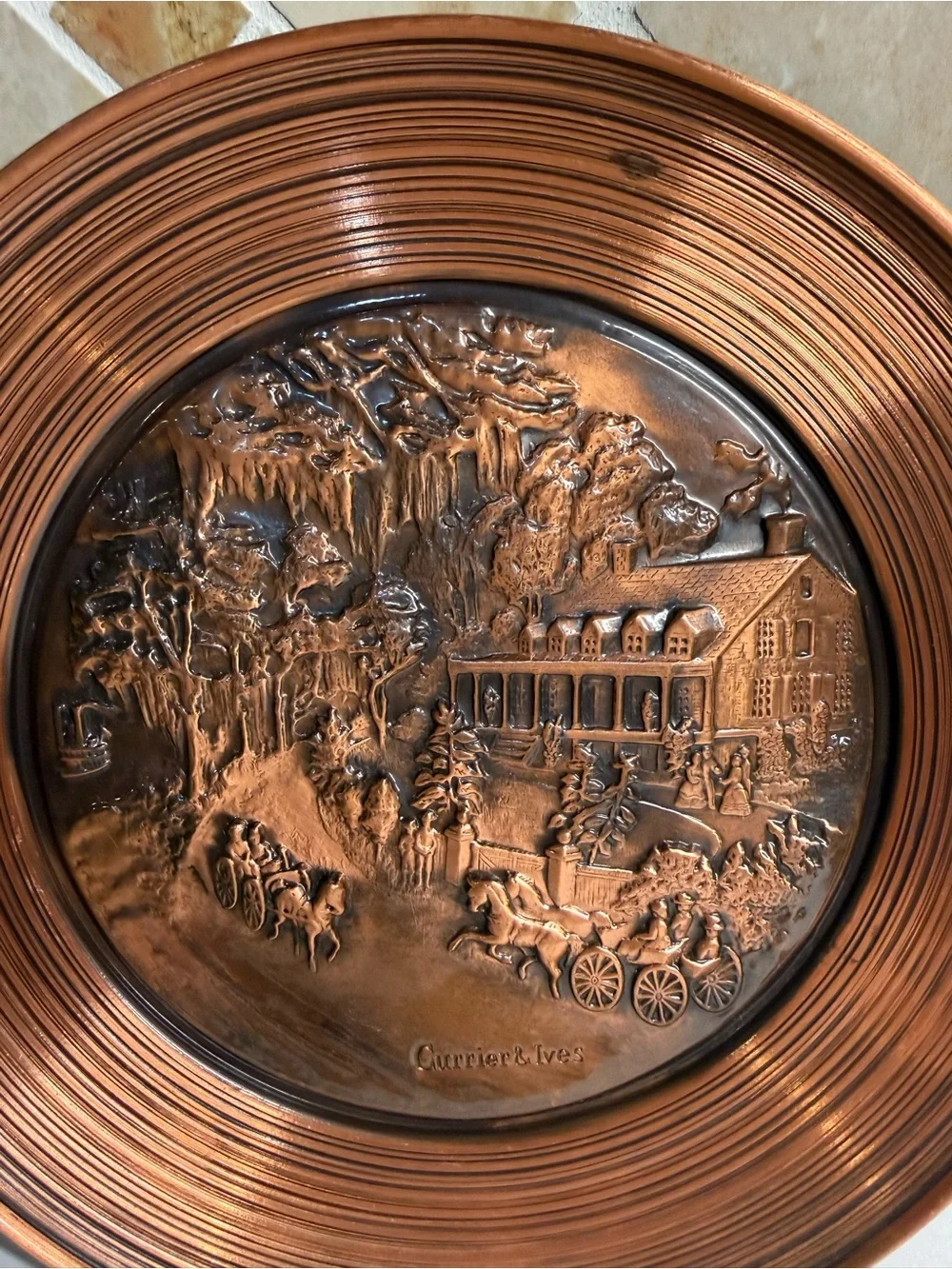 Currier & Ives Copper-Tone Embossed Wall Plate Horse Carriage Scene 10 Inch.